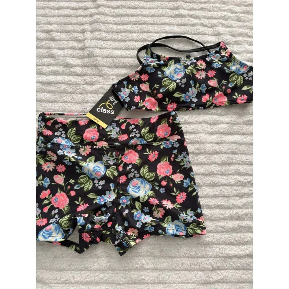 Art Class Girls Floral 2-Piece Swimsuit Size L 10/12 NWT UPF 50+ Crisscross Back